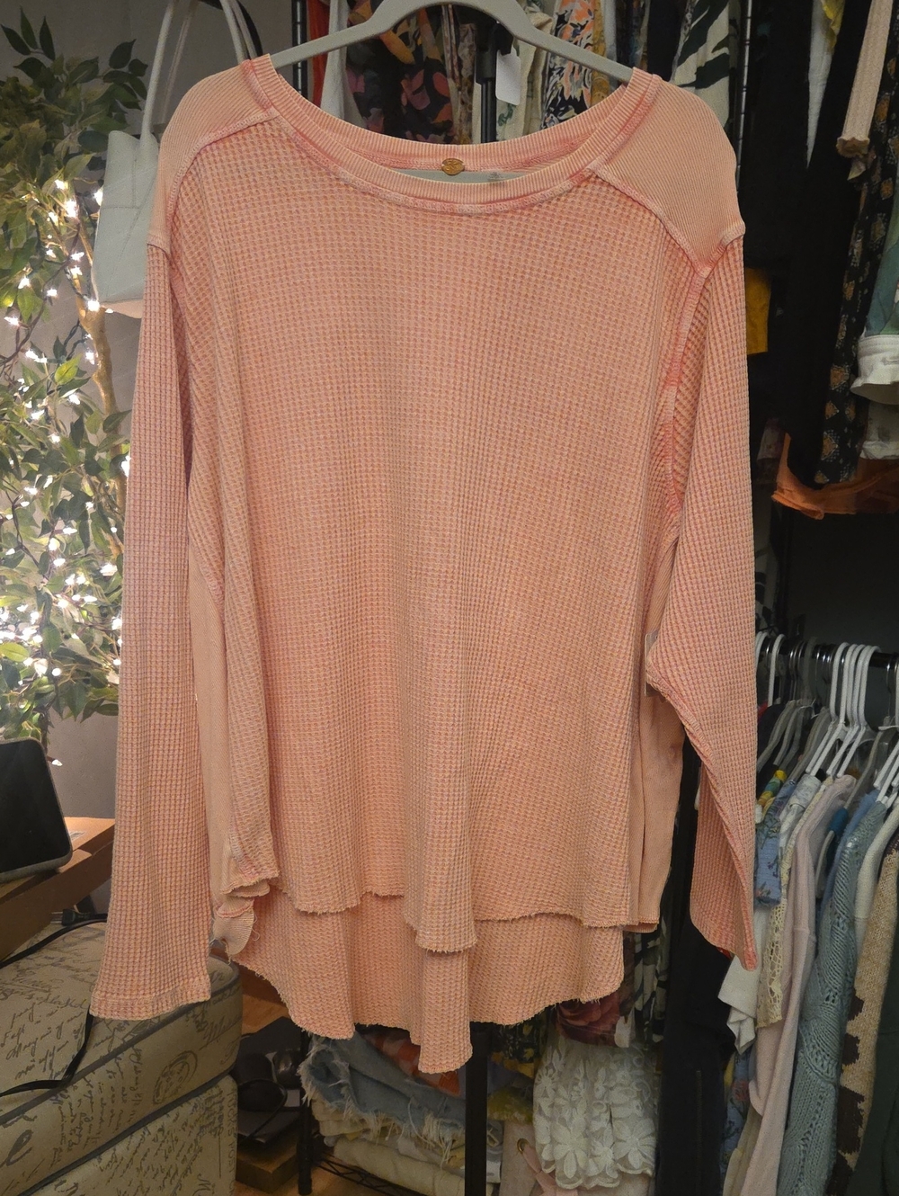 FREE PEOPLE ONE Women's Blush Pink Waffle-Knit Long Sleeve Top Sz Lg NWT